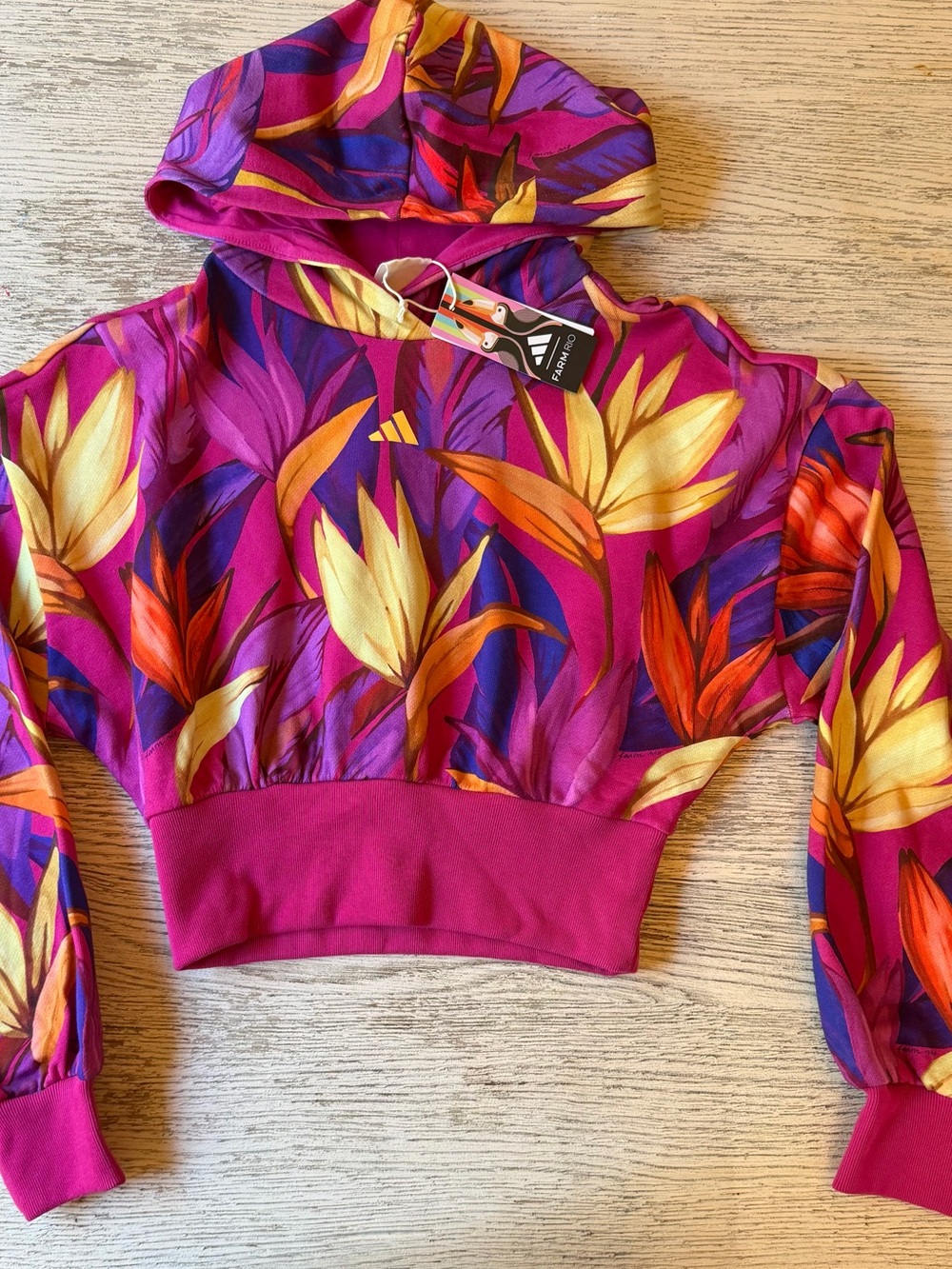 Adidas x FARM Rio Womens XS Cropped Hoodie Tropical Floral Pink NWT